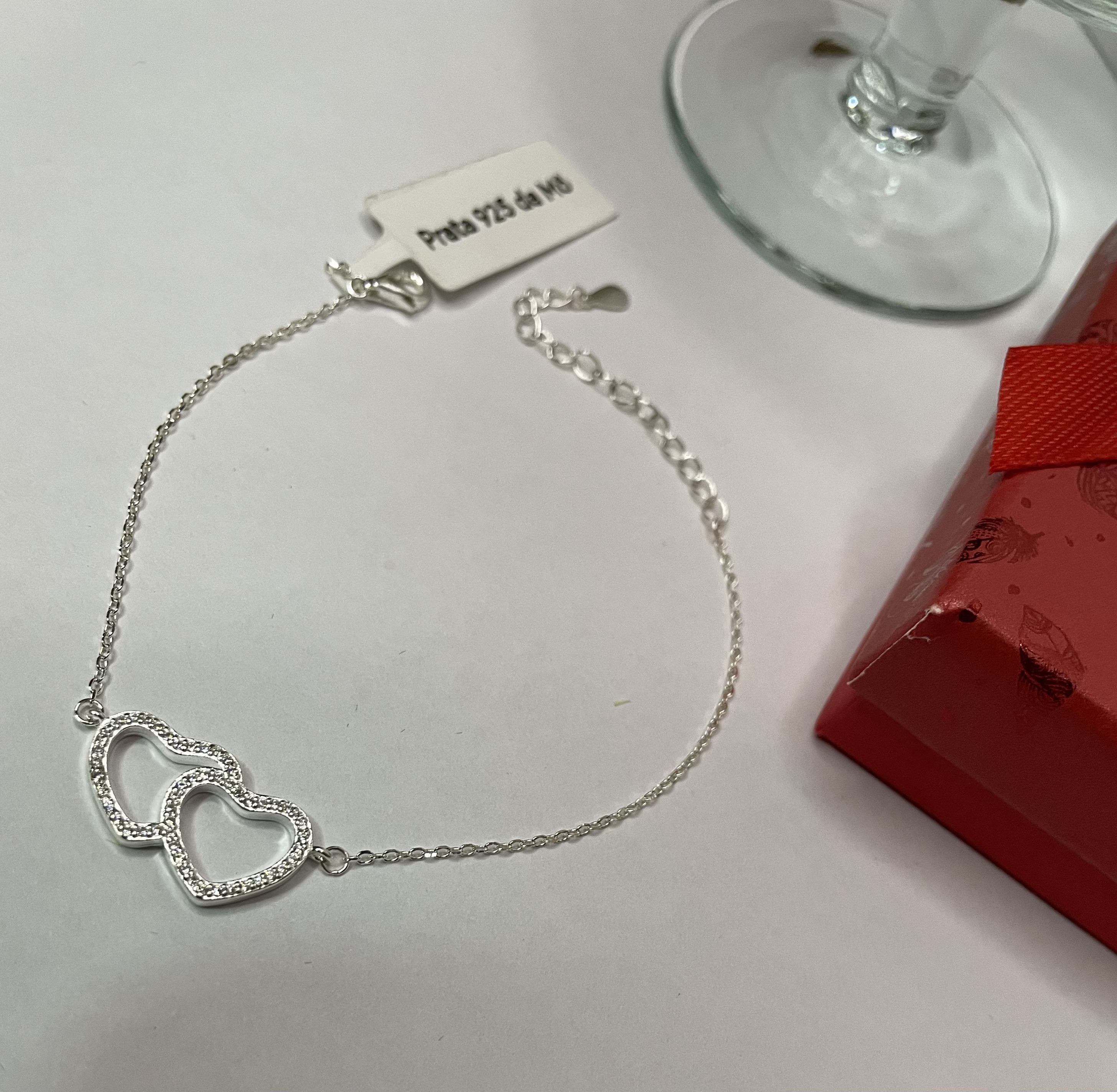 Pulseira dois corações cravejados prata 925 - miniatura 1