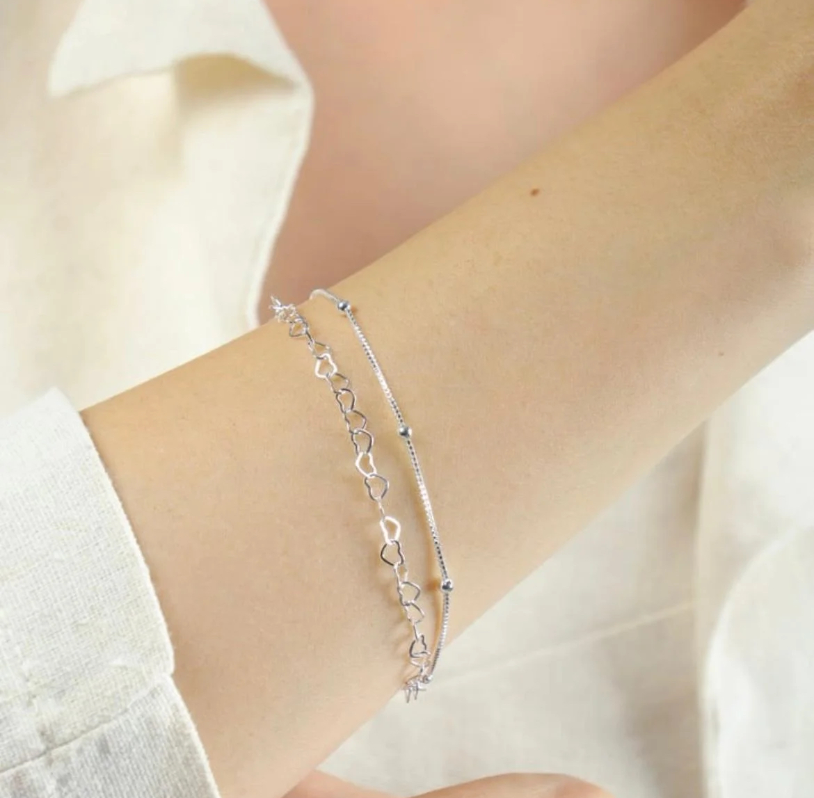 Pulseira dupla elo coração e veneziana com bolinhas prata 925 - miniatura 1